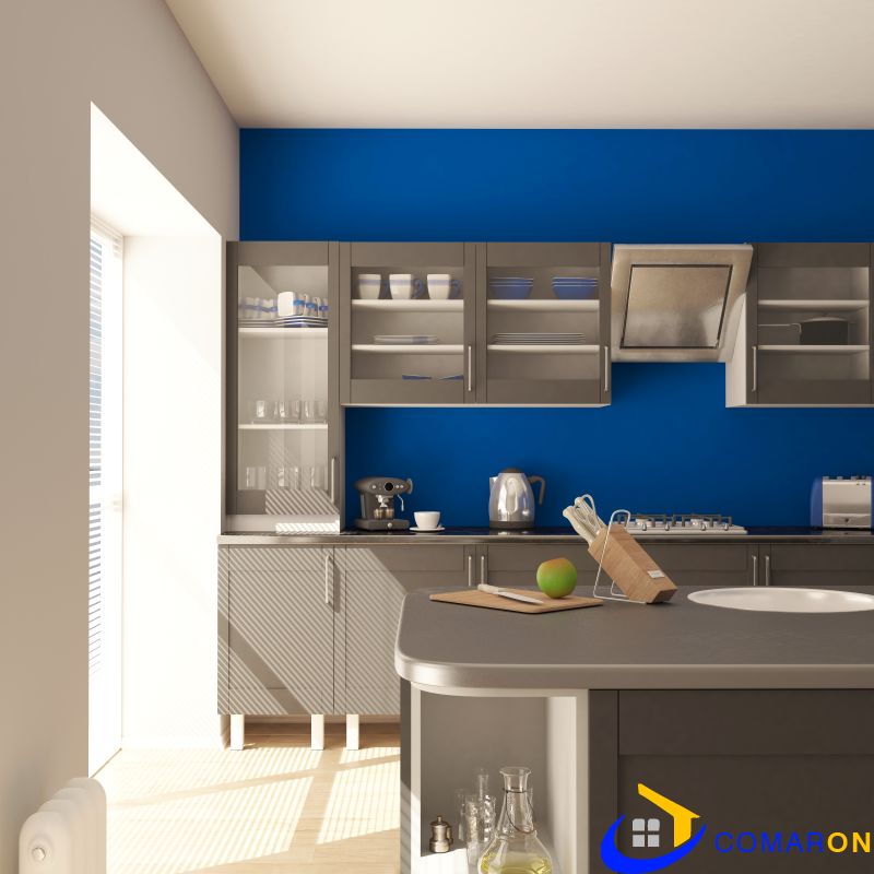 blue and grey kitchen 